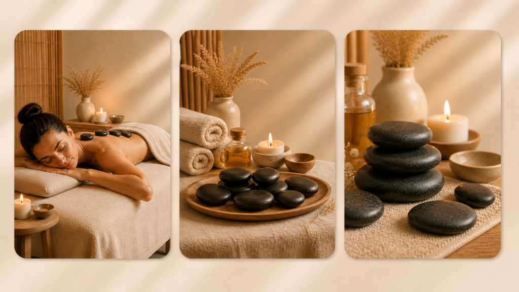 Drei Gutscheinmotive für die Hotstonemassage von Massage Therapy
